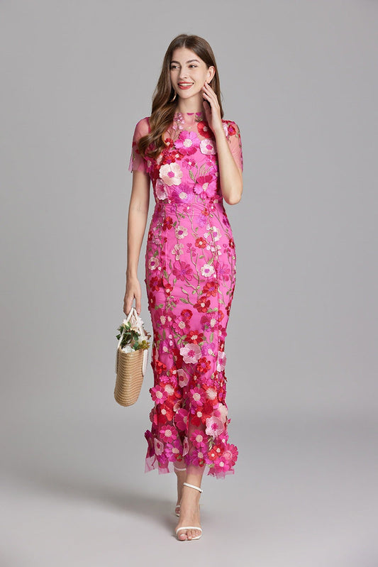 Vestido Largo Mujer Floral Bordado Manga Corta - Mavetta