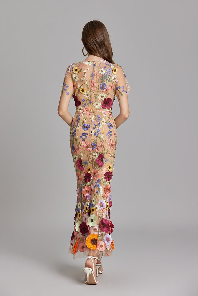 Vestido Largo Mujer Floral Bordado Manga Corta
