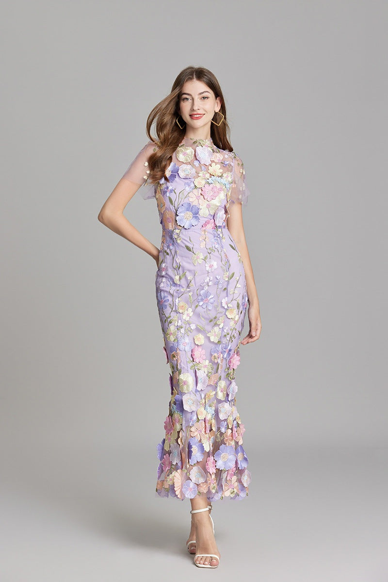 Vestido Largo Mujer Floral Bordado Manga Corta