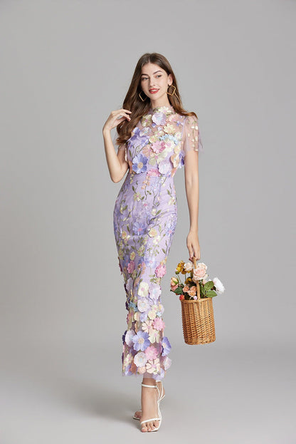 Vestido Largo Mujer Floral Bordado Manga Corta