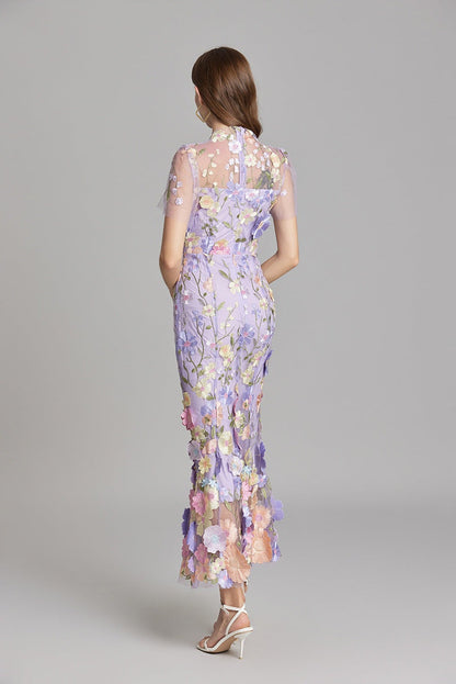 Vestido Largo Mujer Floral Bordado Manga Corta