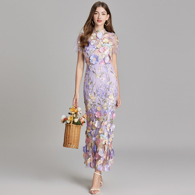 Vestido Largo Mujer Floral Bordado Manga Corta
