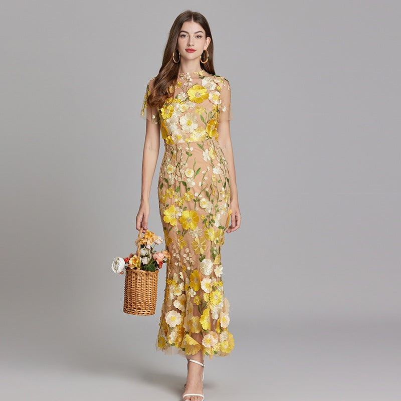 Vestido Largo Mujer Floral Bordado Manga Corta