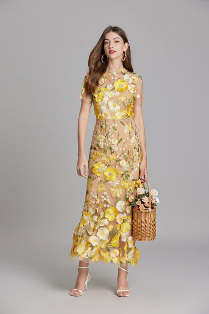 Vestido Largo Mujer Floral Bordado Manga Corta