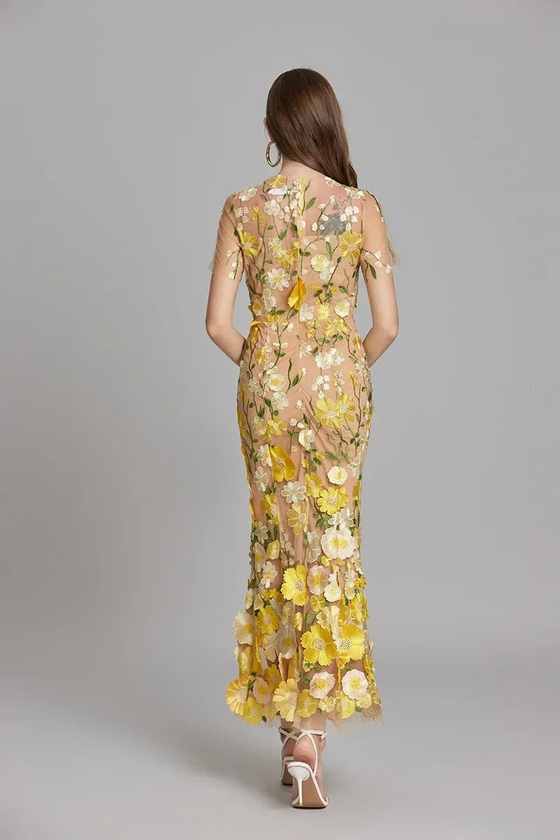 Vestido Largo Mujer Floral Bordado Manga Corta