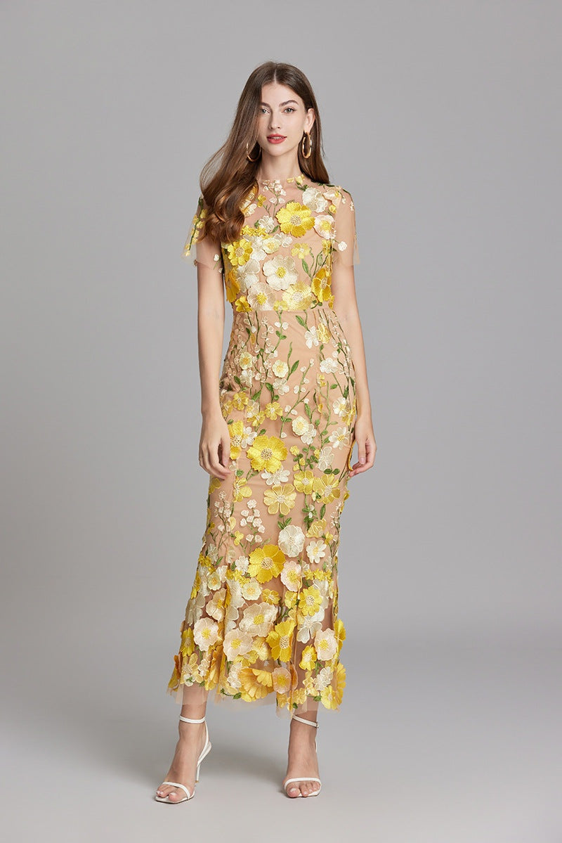 Vestido Largo Mujer Floral Bordado Manga Corta