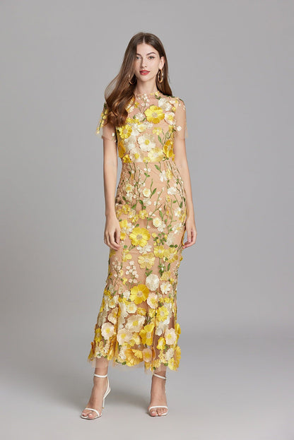 Vestido Largo Mujer Floral Bordado Manga Corta