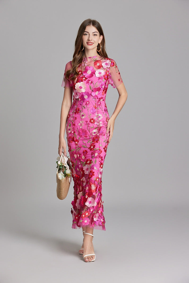 Vestido Largo Mujer Floral Bordado Manga Corta