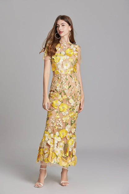 Vestido Largo Mujer Floral Bordado Manga Corta