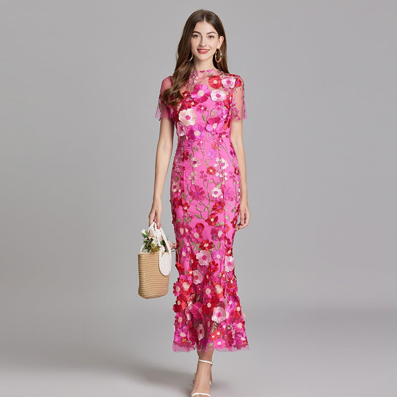 Vestido Largo Mujer Floral Bordado Manga Corta