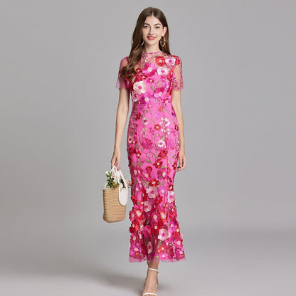 Vestido Largo Mujer Floral Bordado Manga Corta