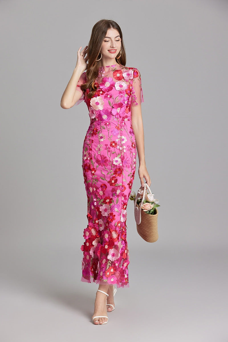 Vestido Largo Mujer Floral Bordado Manga Corta
