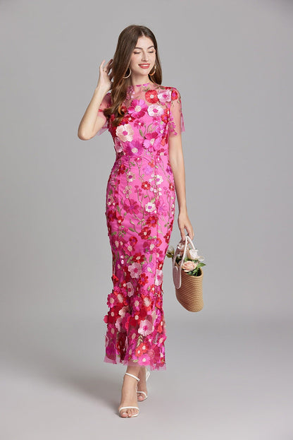 Vestido Largo Mujer Floral Bordado Manga Corta