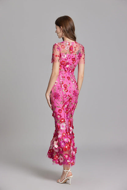 Vestido Largo Mujer Floral Bordado Manga Corta