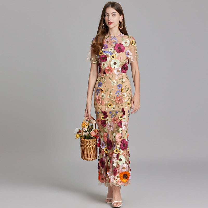 Vestido Largo Mujer Floral Bordado Manga Corta