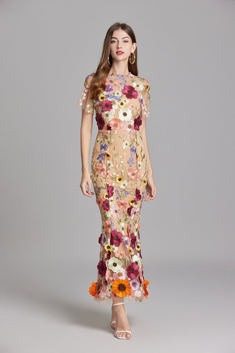 Vestido Largo Mujer Floral Bordado Manga Corta