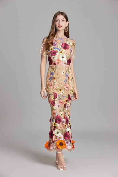 Vestido Largo Mujer Floral Bordado Manga Corta