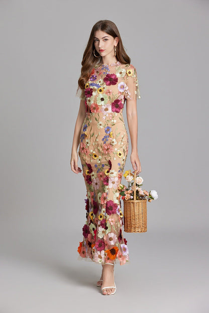 Vestido Largo Mujer Floral Bordado Manga Corta