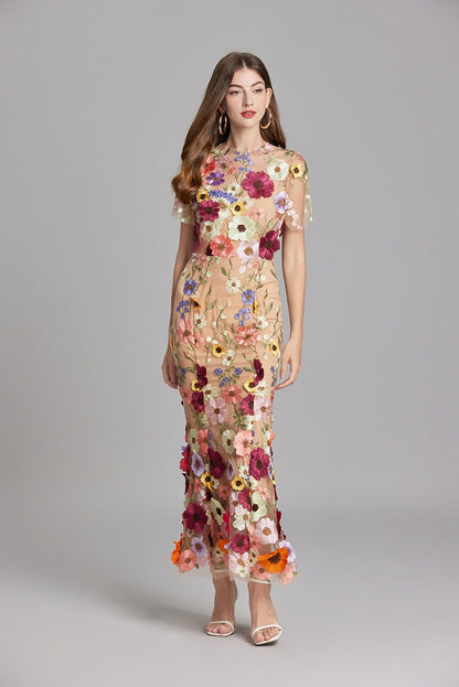 Vestido Largo Mujer Floral Bordado Manga Corta