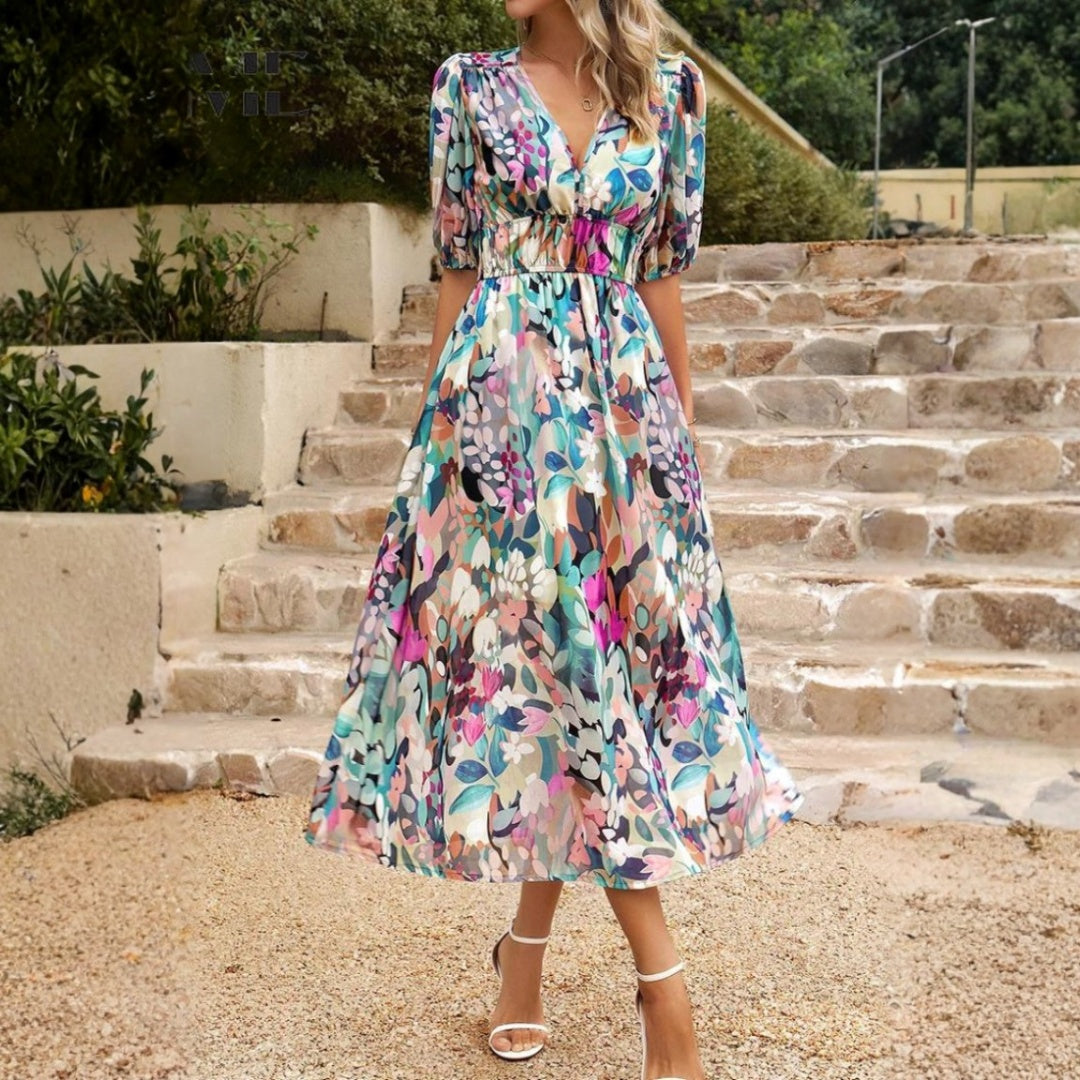 Vestido Midi Mujer Estampado Floral Escote en V