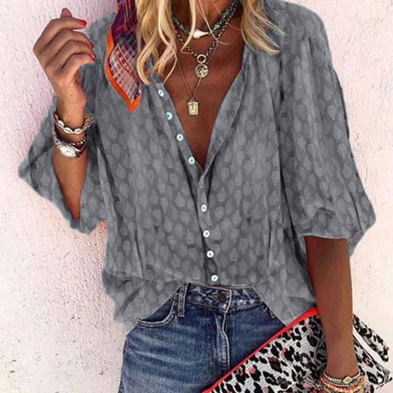 Blusa Mujer Estampada Botones Manga Corta Amplia