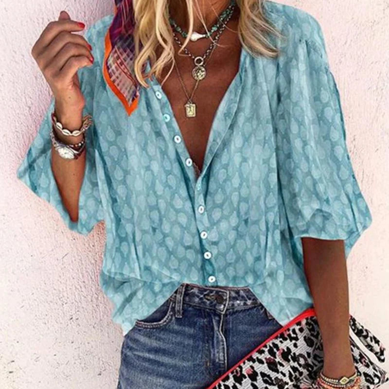 Blusa Mujer Estampada Botones Manga Corta Amplia - Mavetta