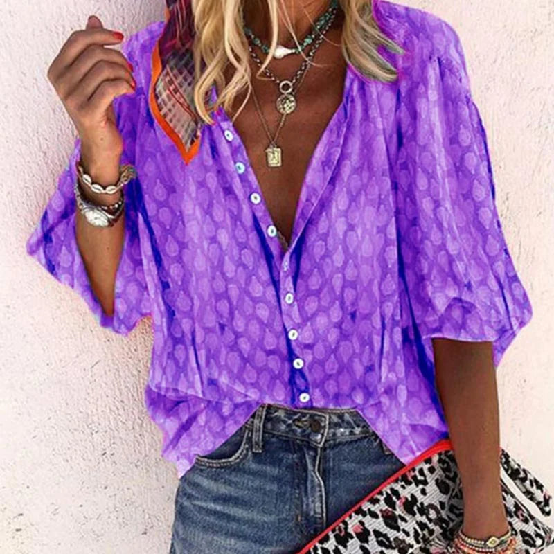 Blusa Mujer Estampada Botones Manga Corta Amplia