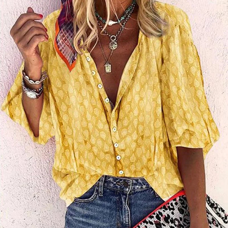 Blusa Mujer Estampada Botones Manga Corta Amplia