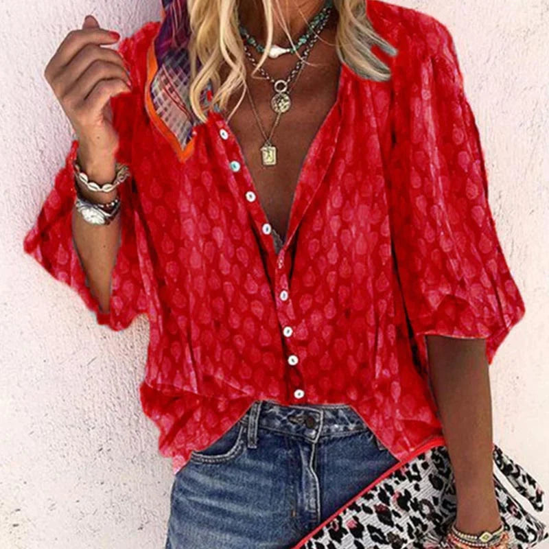 Blusa Mujer Estampada Botones Manga Corta Amplia
