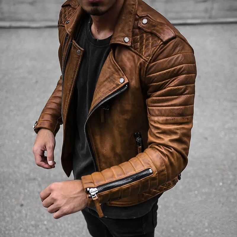 Chaqueta Biker Hombre de Cuero Ajuste Slim
