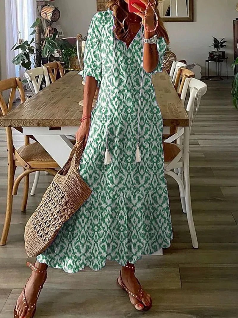 Vestido Largo Mujer Estampado Falda Acampanada Corte Imperio