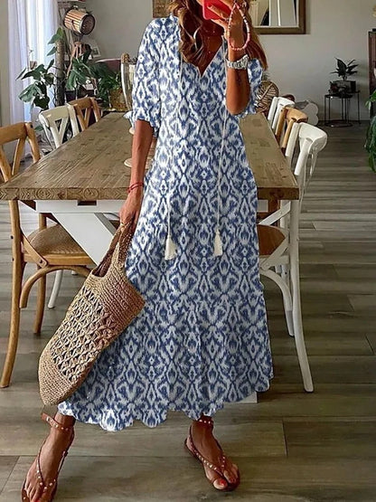 Vestido largo mujer con cuello camisero y lazo en cintura