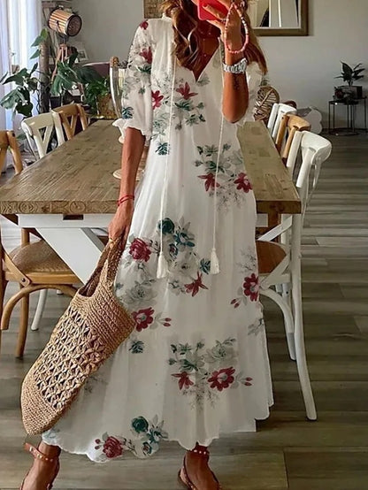 Vestido largo mujer estilo bohemio escote en V caída fluida