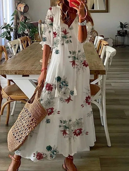 Vestido largo mujer con cuello camisero y lazo en cintura