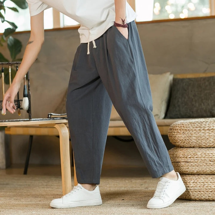 Pantalones Hombre de Lino Cintura Elástica Corte Tapered