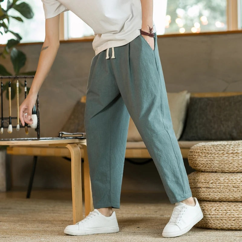 Pantalones Hombre de Lino Cintura Elástica Corte Tapered