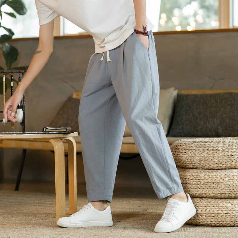 Pantalones Hombre de Lino Cintura Elástica Corte Tapered