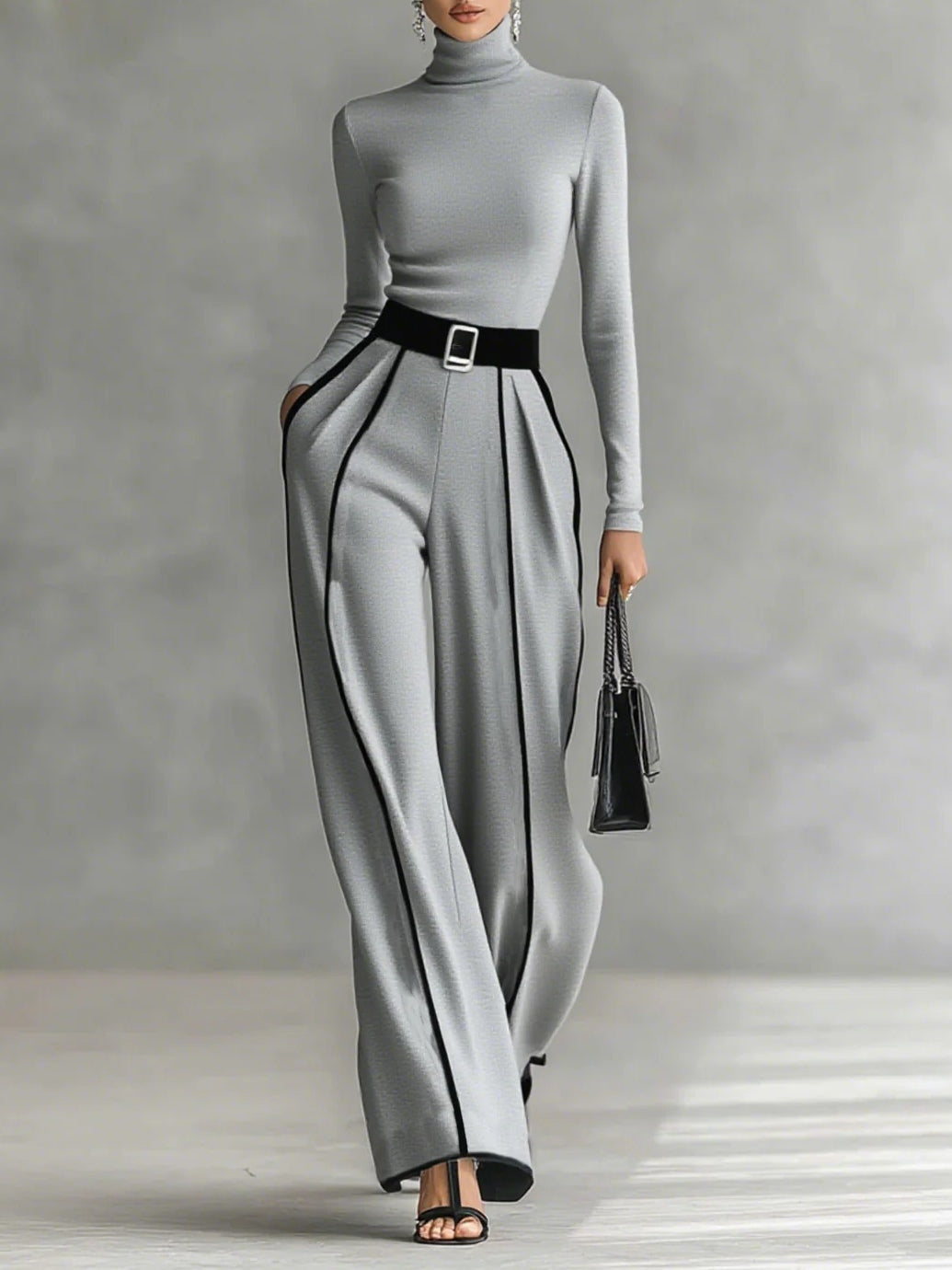 Conjunto Mujer Pantalón Palazzo Cintura Alta con Cinturón