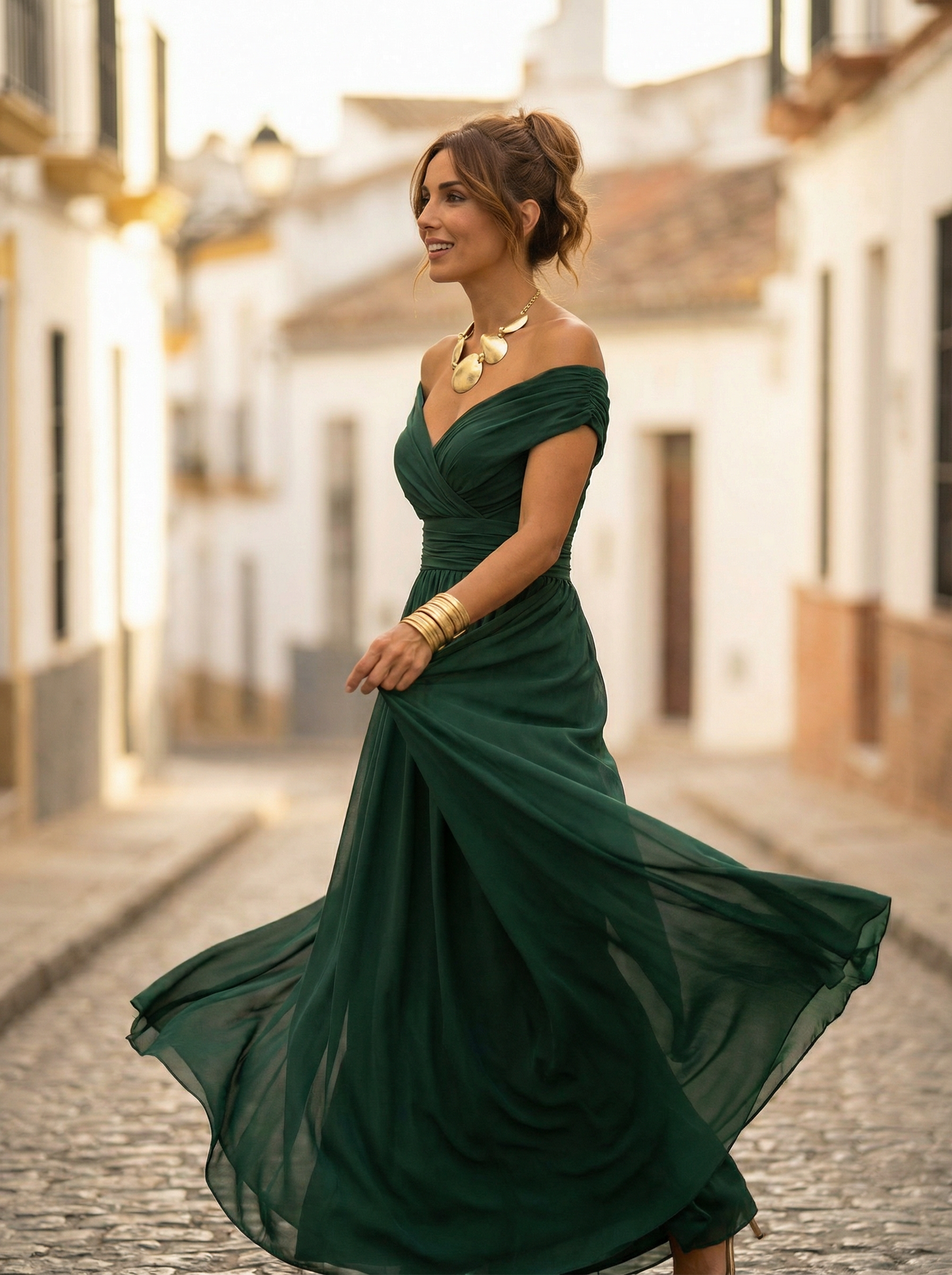 Vestido largo mujer fruncido cuello en V elegante