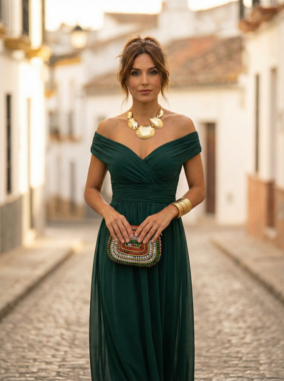 Vestido largo mujer fruncido cuello en V elegante