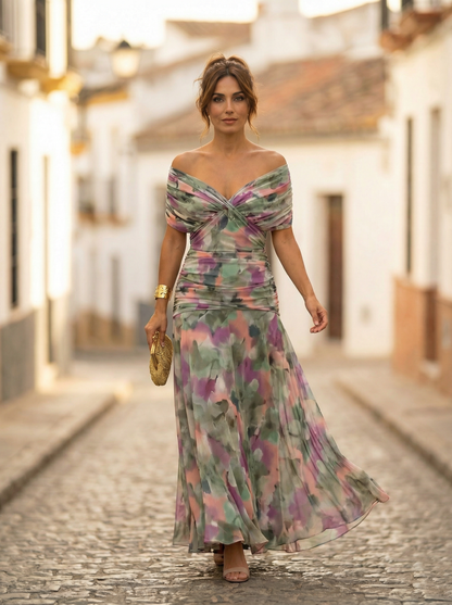 Vestido largo mujer fruncido cuello en V elegante