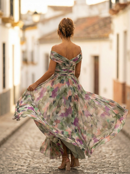 Vestido largo mujer fruncido cuello en V elegante