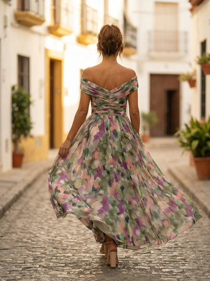 Vestido largo mujer fruncido cuello en V elegante