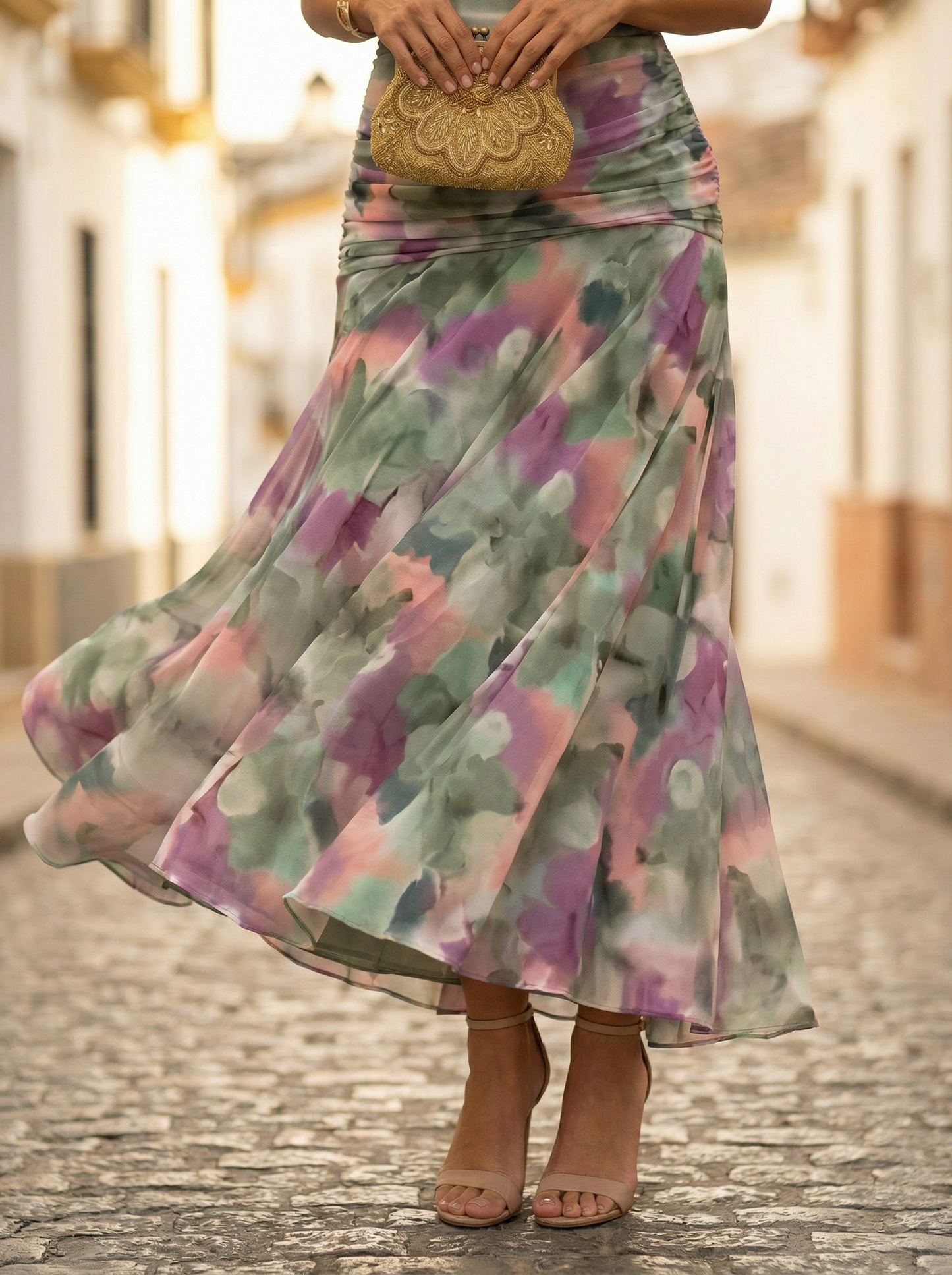 Vestido largo mujer fruncido cuello en V elegante