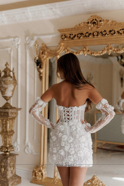 Vestido Corto de Novia Civil con Flores 3D Mujer Encaje