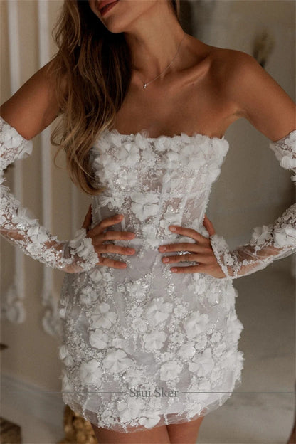 Vestido Corto de Novia Civil con Flores 3D Mujer Encaje