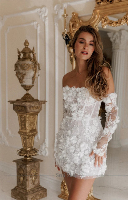 Vestido Corto de Novia Civil con Flores 3D Mujer Encaje