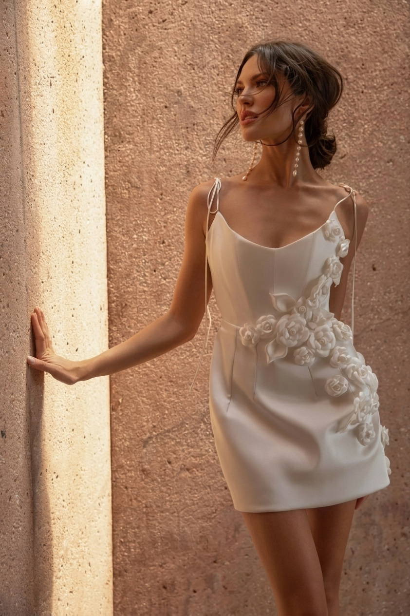Vestido Corto de Novia Sencillo Mujer Flores 3D Tirantes