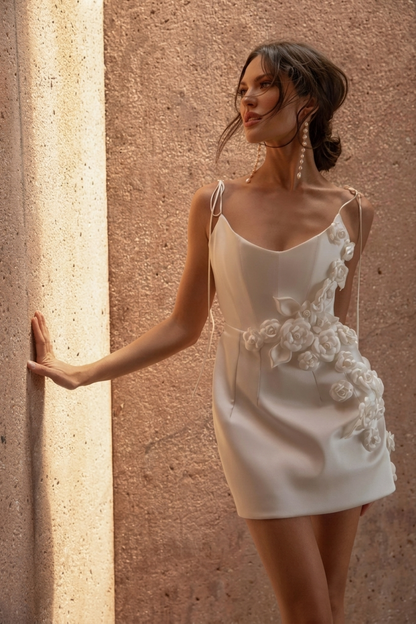 Vestido Corto de Novia Sencillo Mujer Flores 3D Tirantes