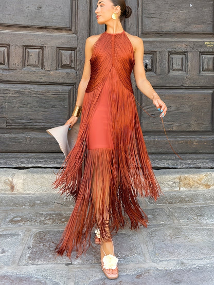 Vestido Largo Mujer de Fiesta con Flecos Cuello Halter - Mavetta